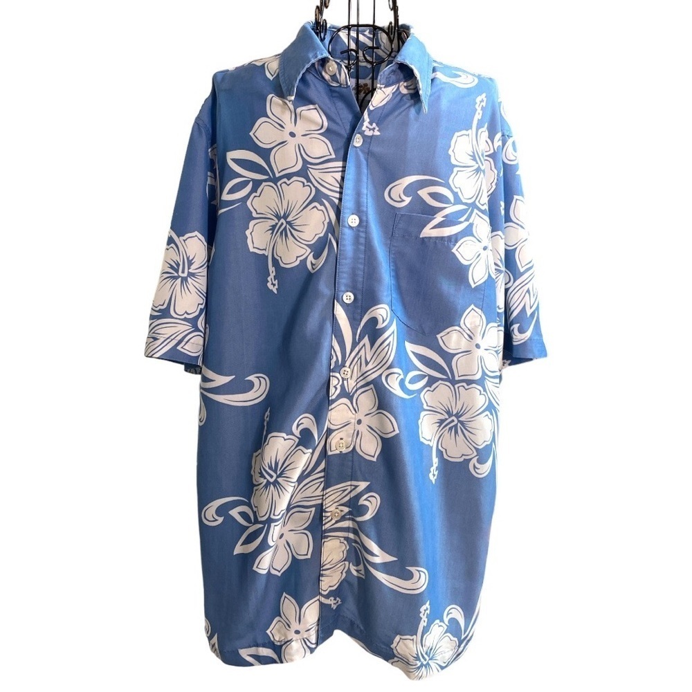 Vintage Rushgard Hawaiian Tropical Dad Button Down Shirt Top Blue Size Medium